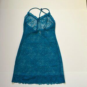 Victorias Secret Mini Slip Dress Womens Size S Blue Sheer Floral Fairy Lace Sexy